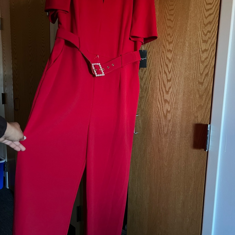 Tahari Vibrant Red Jumpsuit with Pearl Belt